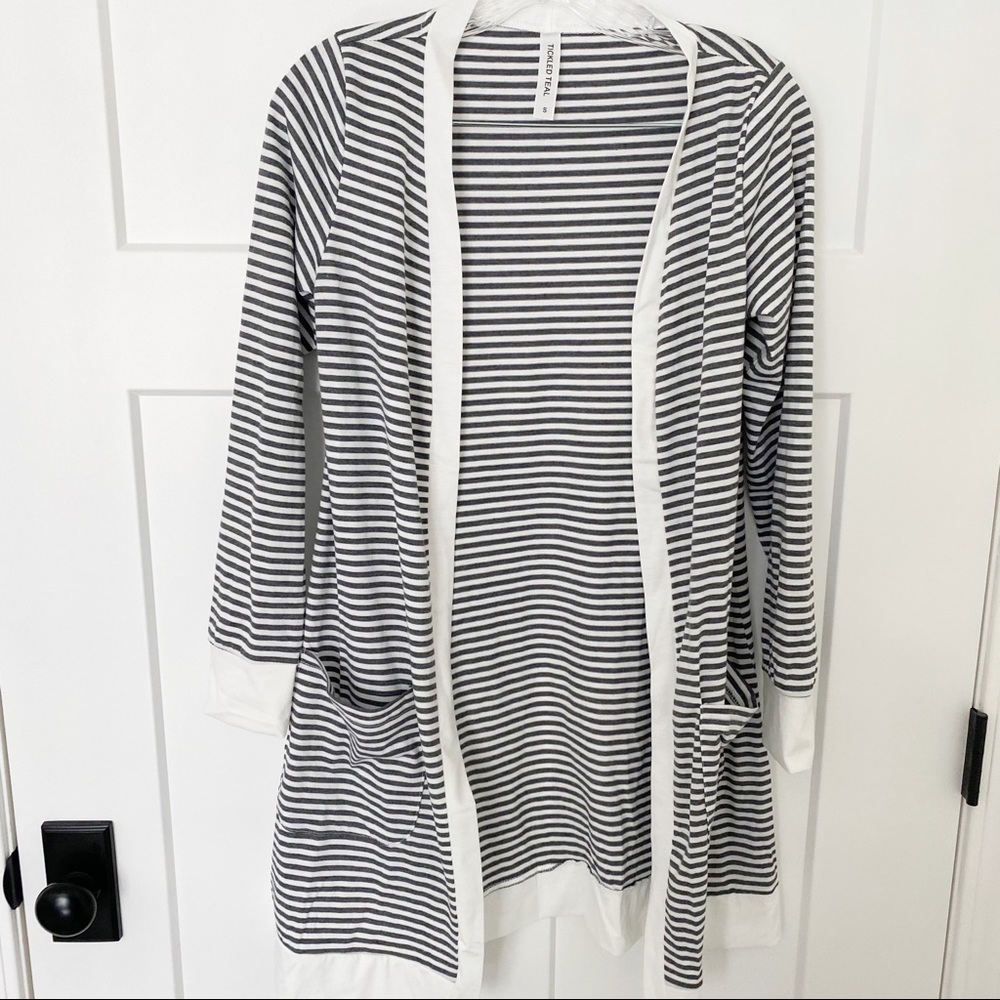 Tickled Teal striped long open cardigan size small